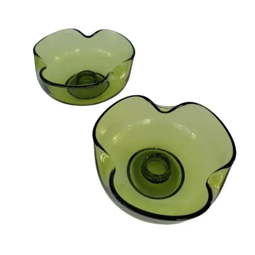 Vintage Green Glass Candle Holders Set of 2 Organic Wavy Retro Decor